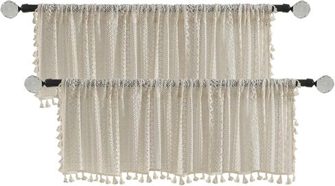 Beige Boho Valances 18 Inch - Cotton Blend Crochet Lace Window Toppers with Wide Rod Pocket, Short Cafe Curtains for Kitchen Living Room Bedroom (Set of 2, W59 xL18) in Kuwait