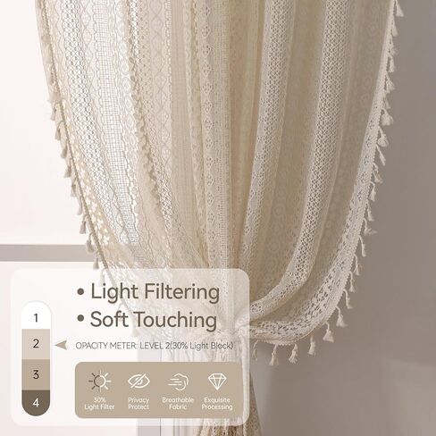 Beige Boho Valances 18 Inch - Cotton Blend Crochet Lace Window Toppers with Wide Rod Pocket, Short Cafe Curtains for Kitchen Living Room Bedroom (Set of 2, W59 xL18) in Kuwait