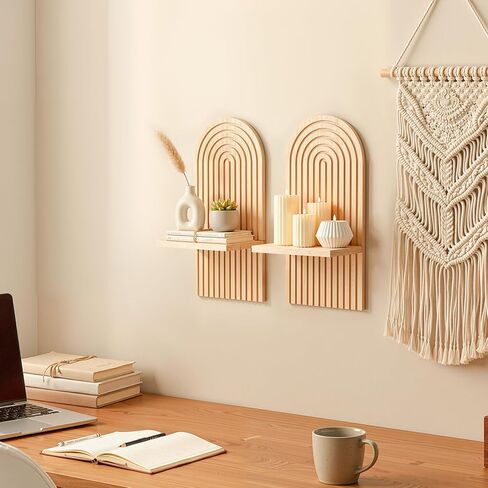 2pcs Boho Wall Candle Sconces Boho Wall Decor Rustic Farmhouse Wooden WallMount Candle Holders Wood Bohemian Decor Floating Shelves Arched Wooden Hanging Shelves for Bedroom Living Room Bathroom Home in Saudi Arabia