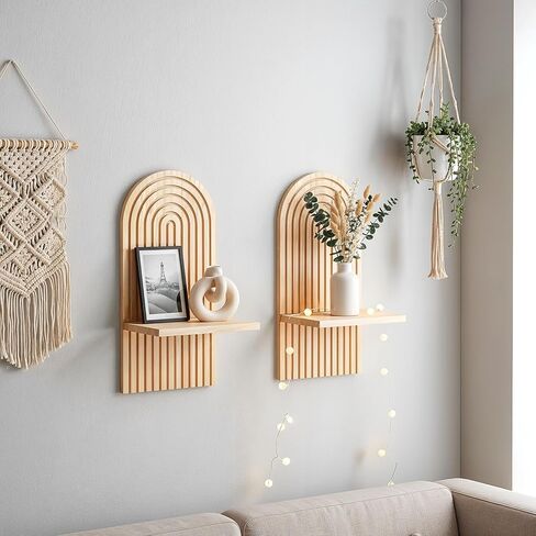 2pcs Boho Wall Candle Sconces Boho Wall Decor Rustic Farmhouse Wooden WallMount Candle Holders Wood Bohemian Decor Floating Shelves Arched Wooden Hanging Shelves for Bedroom Living Room Bathroom Home in Saudi Arabia