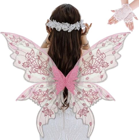 YKW Fairy Wings Adult Costume Set, Organza Butterfly Iridescent with Lace Gloves Women Halloween Cosplay Party Angel Dark in Kuwait