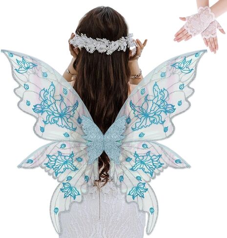 YKW Fairy Wings Adult Costume Set, Organza Butterfly Iridescent with Lace Gloves Women Halloween Cosplay Party Angel Dark in Saudi Arabia