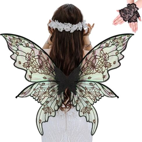 YKW Fairy Wings Adult Costume Set, Organza Butterfly Iridescent with Lace Gloves Women Halloween Cosplay Party Angel Dark in Saudi Arabia
