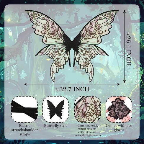 YKW Fairy Wings Adult Costume Set, Organza Butterfly Iridescent with Lace Gloves Women Halloween Cosplay Party Angel Dark in Saudi Arabia