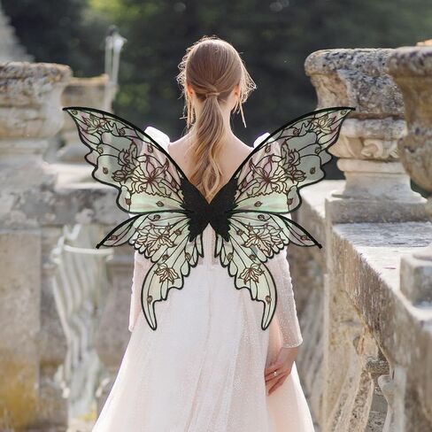 YKW Fairy Wings Adult Costume Set, Organza Butterfly Iridescent with Lace Gloves Women Halloween Cosplay Party Angel Dark in Saudi Arabia