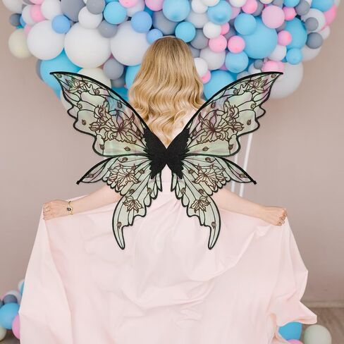 YKW Fairy Wings Adult Costume Set, Organza Butterfly Iridescent with Lace Gloves Women Halloween Cosplay Party Angel Dark in Saudi Arabia