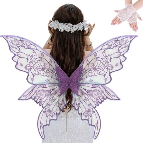 YKW Fairy Wings Adult Costume Set, Organza Butterfly Iridescent with Lace Gloves Women Halloween Cosplay Party Angel Dark in Saudi Arabia