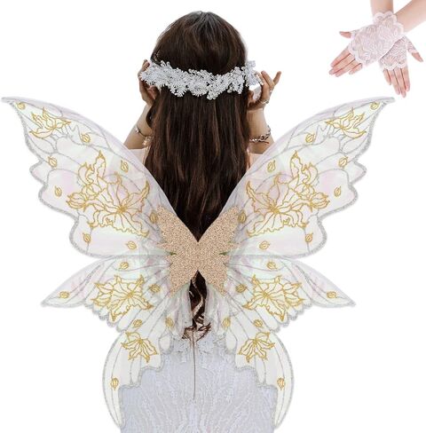 YKW Fairy Wings Adult Costume Set, Organza Butterfly Iridescent with Lace Gloves Women Halloween Cosplay Party Angel Dark in Saudi Arabia