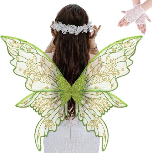 YKW Fairy Wings Adult Costume Set, Organza Butterfly Iridescent with Lace Gloves Women Halloween Cosplay Party Angel Dark in Saudi Arabia