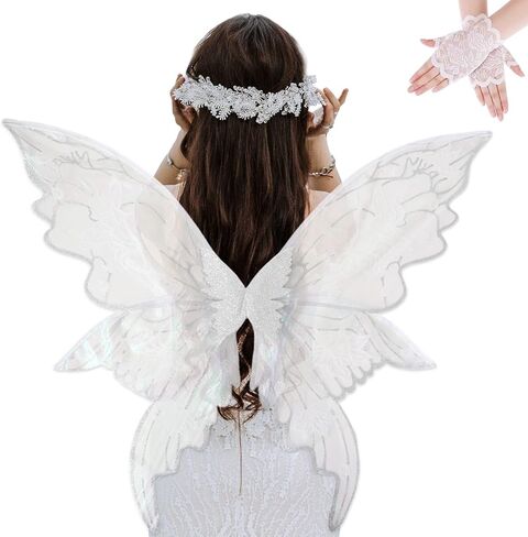 YKW Fairy Wings Adult Costume Set, Organza Butterfly Iridescent with Lace Gloves Women Halloween Cosplay Party Angel Dark in Saudi Arabia