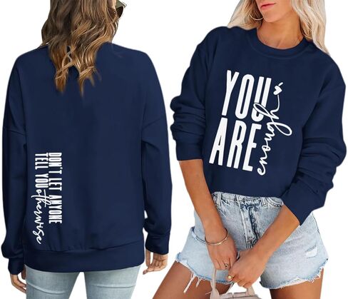 سويت شيرت You Are Enough للصحة العقلية، كلمات ملهمة للتأكيد، قميص بقلنسوة برسومات إيجابية وأكمام طويلة in Kuwait