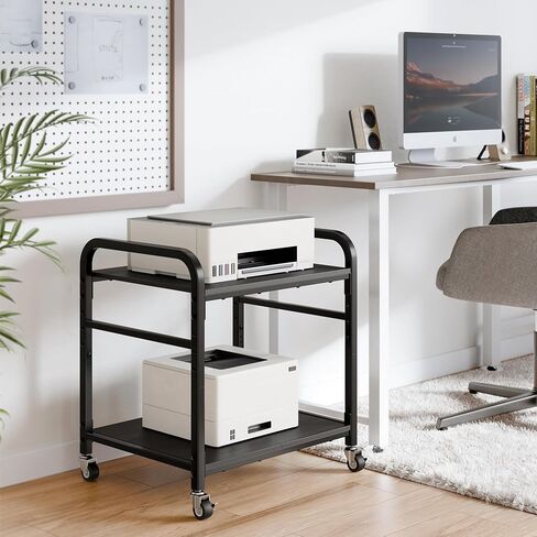 niffgaff 2 Tier Under Desk Printer Stand with Storage, 22" Rolling Printer Cart with Lockable Wheels, Height Adjustable Shelf for Home Office, Black in Kuwait