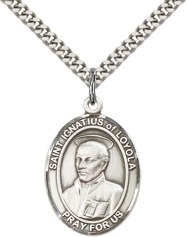 قلادة FA Dumont من الفضة الاسترليني St. Ignatius of Loyola مع سلسلة كبح ثقيلة من الفولاذ المقاوم للصدأ مقاس 24 بوصة. شفيع الجنود in Saudi Arabia