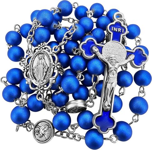 Talisman4u الملكي الأزرق حبات المسبحة الوردية قلادة الكاثوليكية للرجال النساء القديس بنديكت الصليب الصليب مريم العذراء معجزة ميدالية هدية دينية صندوق مسبحة وبطاقة الصلاة in Saudi Arabia