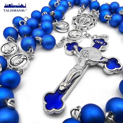 Talisman4u الملكي الأزرق حبات المسبحة الوردية قلادة الكاثوليكية للرجال النساء القديس بنديكت الصليب الصليب مريم العذراء معجزة ميدالية هدية دينية صندوق مسبحة وبطاقة الصلاة in Saudi Arabia