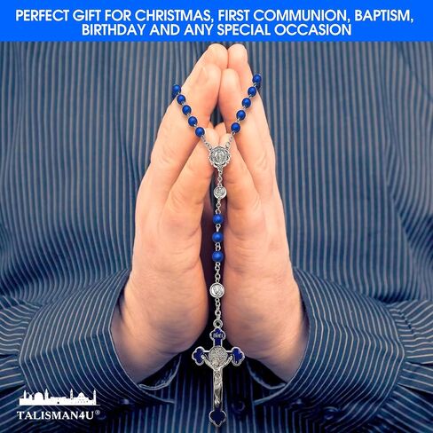 Talisman4u الملكي الأزرق حبات المسبحة الوردية قلادة الكاثوليكية للرجال النساء القديس بنديكت الصليب الصليب مريم العذراء معجزة ميدالية هدية دينية صندوق مسبحة وبطاقة الصلاة in Saudi Arabia