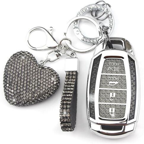 Key Fob Cover with Diamond Keychain Car Key Holder Compatible with Hyundai Kona Santa Fe Palisade Elantra GT Veloster Smart Remote Protector for Women, 4 Buttons (Purple-Heart) in Kuwait