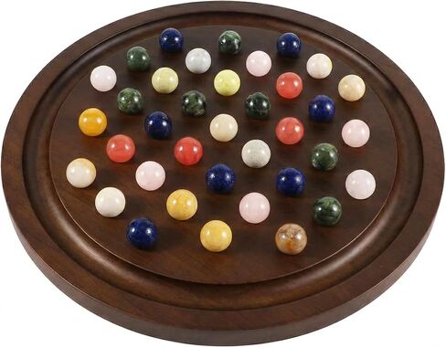 مجموعة ألعاب سوليتير كبيرة مصنوعة يدويًا من الرخام الخشبي الصلب مع 36 كرة من الرخام الطبيعي ألعاب لوحية مستديرة سميكة كلاسيكية للبالغين ليلة اللعب (جوز، متوسط) in Kuwait