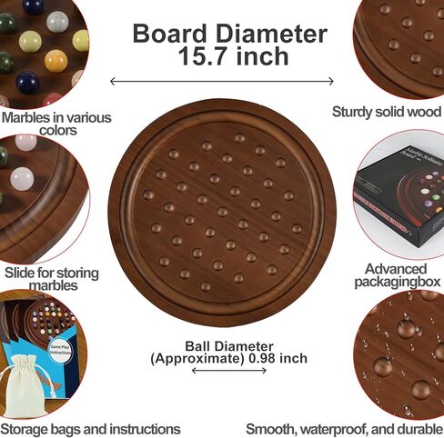 مجموعة ألعاب سوليتير كبيرة مصنوعة يدويًا من الرخام الخشبي الصلب مع 36 كرة من الرخام الطبيعي ألعاب لوحية مستديرة سميكة كلاسيكية للبالغين ليلة اللعب (جوز، متوسط) in Kuwait