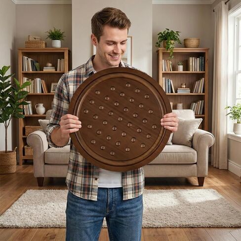 مجموعة ألعاب سوليتير كبيرة مصنوعة يدويًا من الرخام الخشبي الصلب مع 36 كرة من الرخام الطبيعي ألعاب لوحية مستديرة سميكة كلاسيكية للبالغين ليلة اللعب (جوز، متوسط) in Kuwait