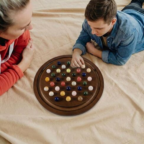 مجموعة ألعاب سوليتير كبيرة مصنوعة يدويًا من الرخام الخشبي الصلب مع 36 كرة من الرخام الطبيعي ألعاب لوحية مستديرة سميكة كلاسيكية للبالغين ليلة اللعب (جوز، متوسط) in Kuwait