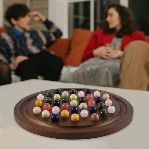 مجموعة ألعاب سوليتير كبيرة مصنوعة يدويًا من الرخام الخشبي الصلب مع 36 كرة من الرخام الطبيعي ألعاب لوحية مستديرة سميكة كلاسيكية للبالغين ليلة اللعب (جوز، متوسط) in Kuwait