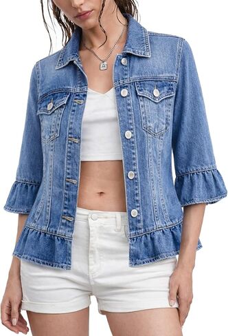 Kedera Denim Jacket for Women 3/4 Ruffle Sleeve Blue Jean Jacket Trendy Lightweight Jean Shacket for Spring Summer in Saudi Arabia