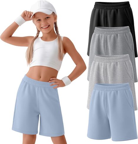 4 قطع من شورتات برمودا للفتيات بطول الركبة وأرجل مستقيمة، شورتات رياضية للأطفال بخصر مطاطي صيفي كاجوال طويل in Kuwait