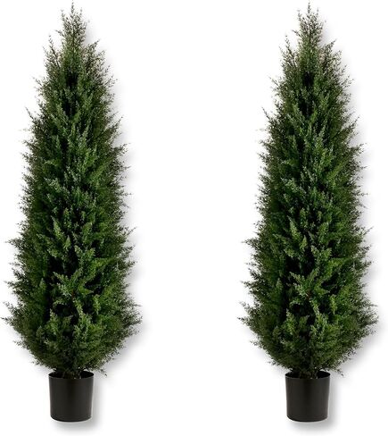 Two Pack 5ft Artificial Cedar Topiary Trees, Outdoor Artificial Plants for Front Porch Décor, Artificial Shrubs Fake Plants UV Resistant Bushes Potted Plants for Outdoor, Indoor, Front Door, Offices in Kuwait