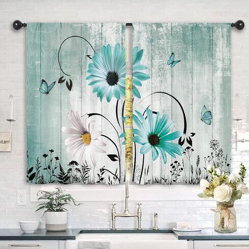 البط البري ديزي ريفي ستائر المطبخ 27.5W × 39L بوصة مزرعة خمر البلد الحظيرة باب الخشب الخشبي الريفية قضيب جيب قصيرة صغيرة نافذة الحمام العلاج الستائر ديكور 2 لوحات in Kuwait