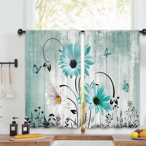 البط البري ديزي ريفي ستائر المطبخ 27.5W × 39L بوصة مزرعة خمر البلد الحظيرة باب الخشب الخشبي الريفية قضيب جيب قصيرة صغيرة نافذة الحمام العلاج الستائر ديكور 2 لوحات in Kuwait