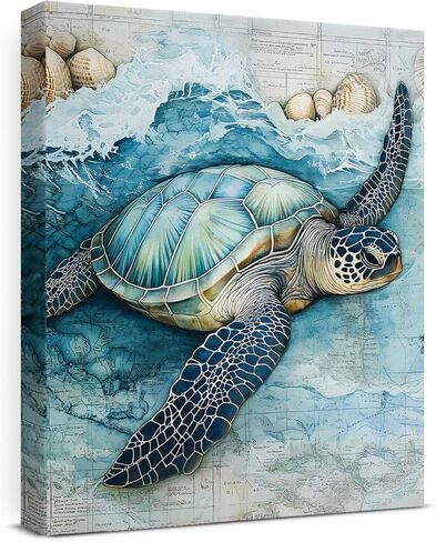 Coastal Sea Turtle Canvas Wall Art Turtle Nautical Ocean Theme Print Poster Framed Picture Painting for Home Beach House Bedroom Wall Decor 8x10 Inch in Saudi Arabia