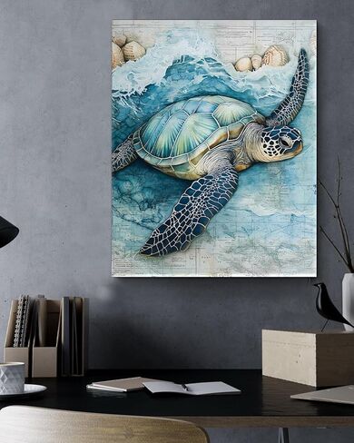 Coastal Sea Turtle Canvas Wall Art Turtle Nautical Ocean Theme Print Poster Framed Picture Painting for Home Beach House Bedroom Wall Decor 8x10 Inch in Saudi Arabia