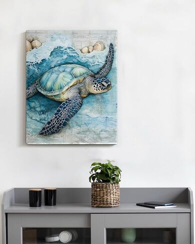 Coastal Sea Turtle Canvas Wall Art Turtle Nautical Ocean Theme Print Poster Framed Picture Painting for Home Beach House Bedroom Wall Decor 8x10 Inch in Saudi Arabia