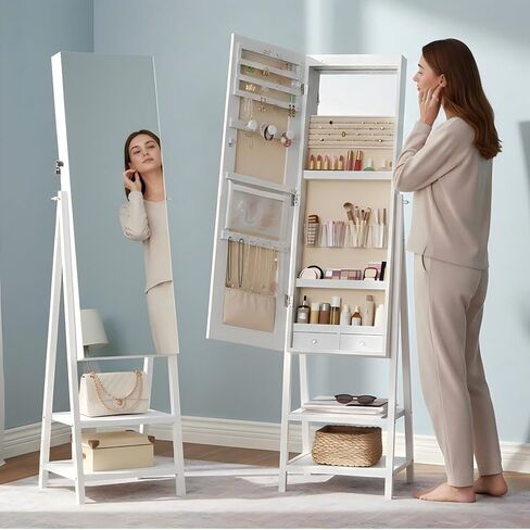 HOOBRO Standing Jewelry Cabinet with LED Lights, Jewelry Organizer with Storage Shelves, Full Length Mirrored Jewelry Armoire, Lockable Cosmetics Storage Cabinet, Makeup Brush Boxes, White in Saudi Arabia