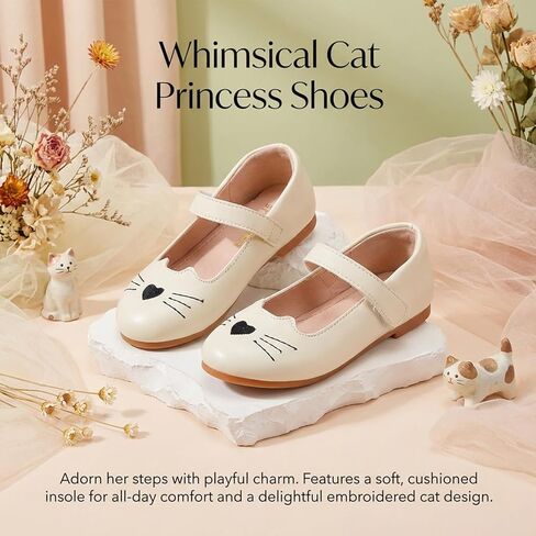 Toddler Girls Mary Jane Shoes Cute Cat Princess Flats Kids Dress Shoes with Hook and Loop Strap for Party Wedding School in Saudi Arabia