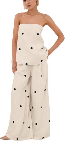 Women Polka Dot 2 Piece Outfits Spot Strapless Tube Top High Waist Wide Leg Pants Casual Lounge Set in Kuwait