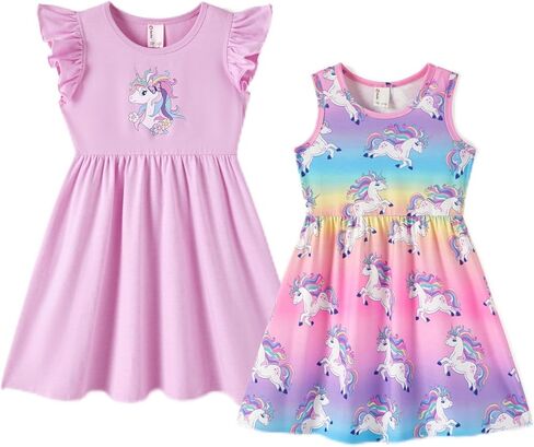 فستان بات بات للفتيات الصغيرات مُزين بنقشة الزهور وأكمام مكشكشة للفتيات، مجموعة مكونة من 2/3 فساتين كاجوال من عمر 2 إلى 10 سنوات in Kuwait