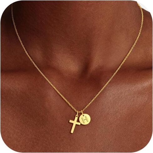Easter Basket Stuffers Cross Initial Necklace for Girls Kids - 14K Gold Plated Cross Disc Initial Letter Necklace Teen Girls Gifts Trendy Stuff Christian Easter Gifts for Kids Jewelry in Saudi Arabia
