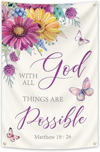 2x3Ft With God All Things Are Possible Wall Decor Bible Verse Tapestry Polyester Butterfly Flower Design Christian Inspirational Word Decor for Home Office Living Room in Saudi Arabia