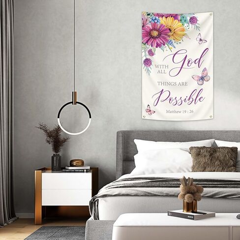 2x3Ft With God All Things Are Possible Wall Decor Bible Verse Tapestry Polyester Butterfly Flower Design Christian Inspirational Word Decor for Home Office Living Room in Saudi Arabia