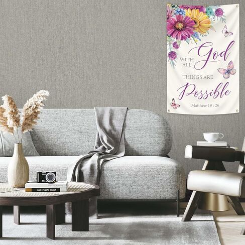 2x3Ft With God All Things Are Possible Wall Decor Bible Verse Tapestry Polyester Butterfly Flower Design Christian Inspirational Word Decor for Home Office Living Room in Saudi Arabia