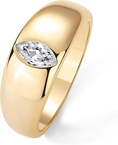 PAVOI 14K Gold Plated Chunky Dome Statement Ring for Women | Marquise Cubic Zirconia Dome Ring | Thick Stackable Band (Yellow Gold, 7) in Saudi Arabia