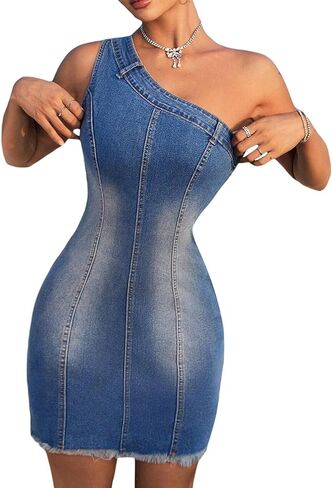 Sexyshine Women's Sexy One Off Shoulder Bodycon Denim Mini Dress Sleeveless Tube Top Raw Hem Slim Fit Jeans Dress in Saudi Arabia