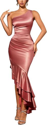 Women's One Shoulder Satin Ruched Sleeveless Asymmetrical High-Low Ruffle Bodycon Formal Evening Maxi Dress in Kuwait
