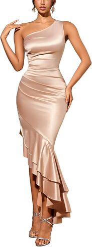 Women's One Shoulder Satin Ruched Sleeveless Asymmetrical High-Low Ruffle Bodycon Formal Evening Maxi Dress in Saudi Arabia