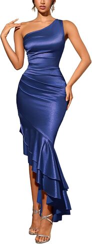 Women's One Shoulder Satin Ruched Sleeveless Asymmetrical High-Low Ruffle Bodycon Formal Evening Maxi Dress in Saudi Arabia