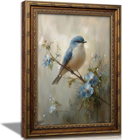 Gold Framed Bird Canvas Wall Art Vintage Blue Sparrow Painting Picture Wall Decor Pictures Sparrow on Branch Poster Print Artwork for Corridor Classroom Bedroom Kitchen Home Decoration in Saudi Arabia