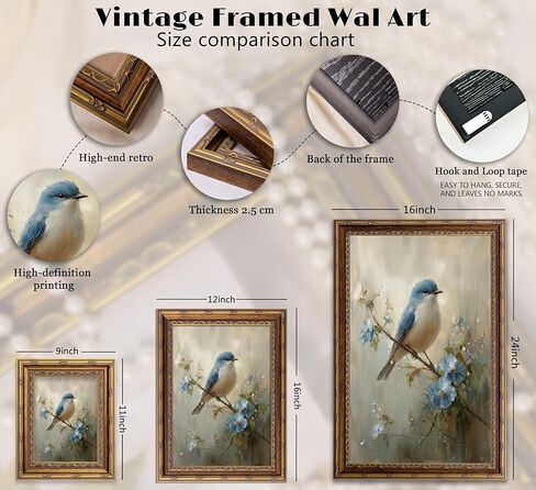 Gold Framed Bird Canvas Wall Art Vintage Blue Sparrow Painting Picture Wall Decor Pictures Sparrow on Branch Poster Print Artwork for Corridor Classroom Bedroom Kitchen Home Decoration in Saudi Arabia