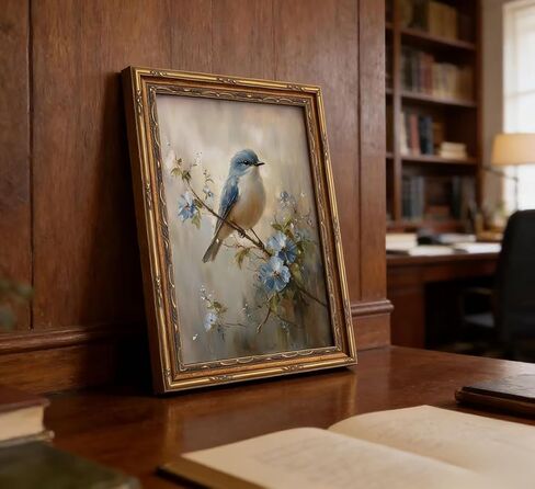 Gold Framed Bird Canvas Wall Art Vintage Blue Sparrow Painting Picture Wall Decor Pictures Sparrow on Branch Poster Print Artwork for Corridor Classroom Bedroom Kitchen Home Decoration in Saudi Arabia